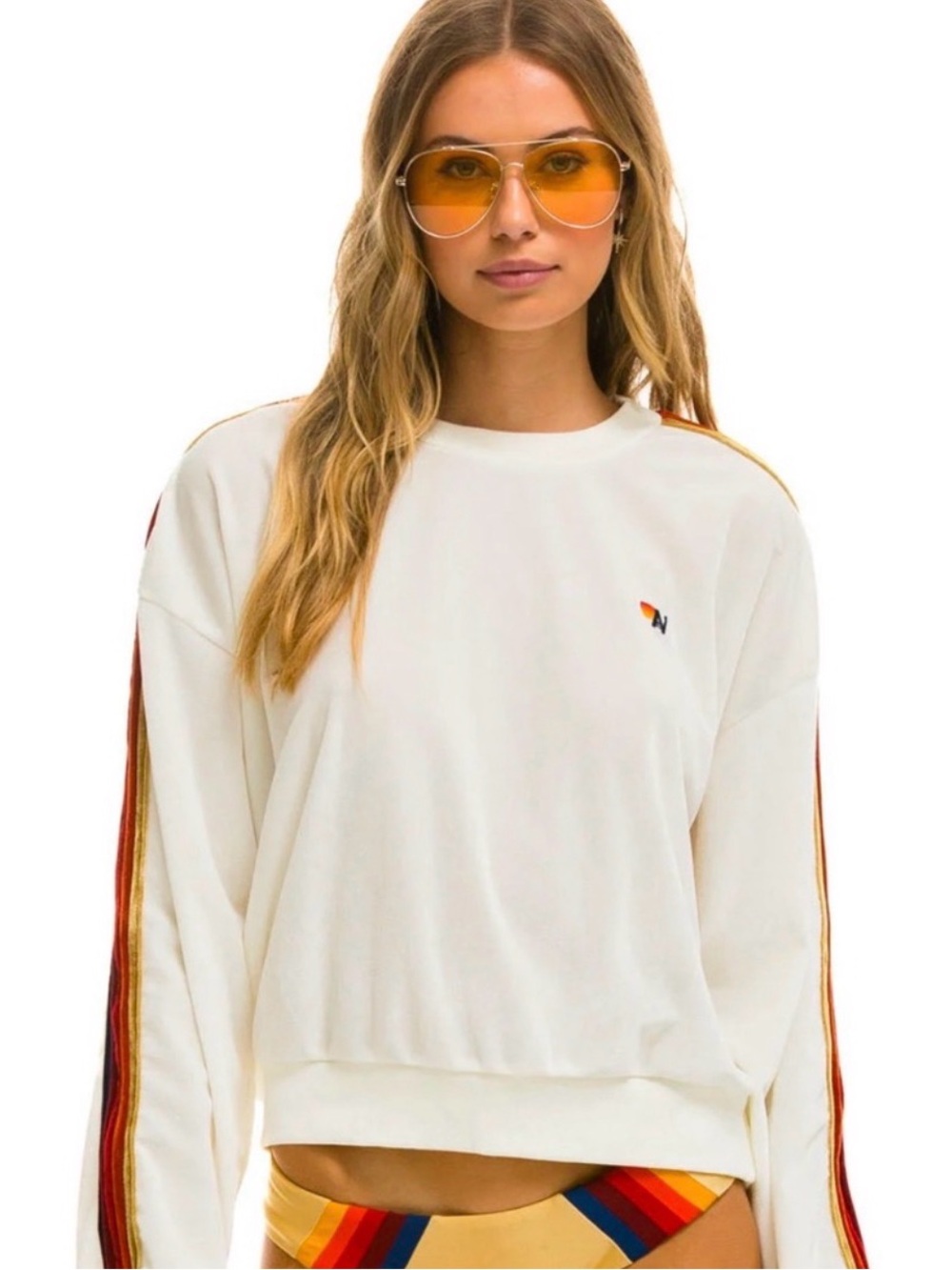 Aviator Nation Cream Crewneck Sweatshirt with Rainbow Side Stripes